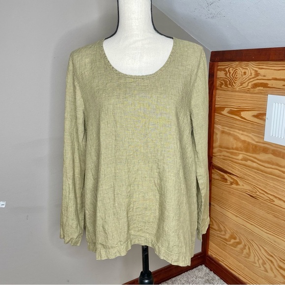 Flax 100% Linen Green Striped Long Sleeve Round Neck Top Blouse Small - Picture 1 of 9